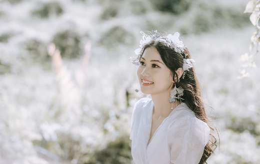 Asian model woman with white dress and hair style