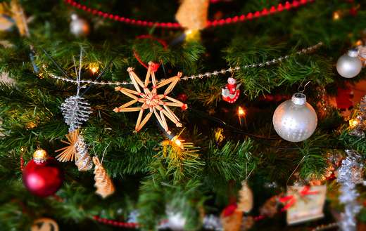 Close up christmas decoration hanging on tree